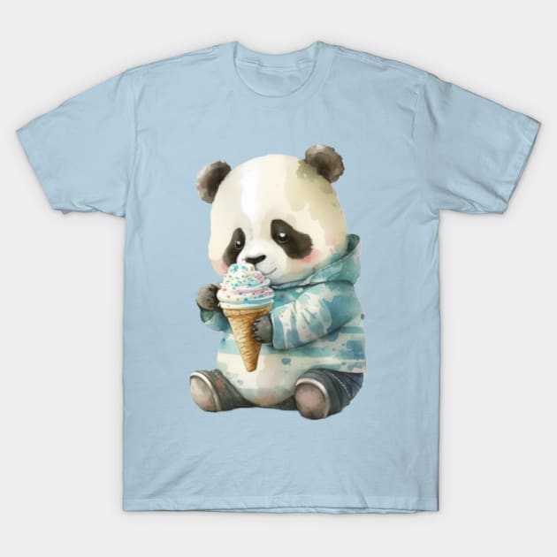 Panda Eating Ice Cream watercolor cute T-Shirt by KAWAIIBYHM